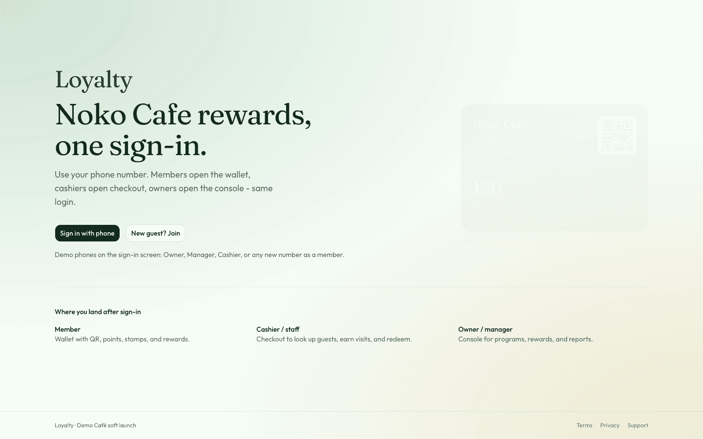 Loyalty app landing page for Noko Cafe rewards